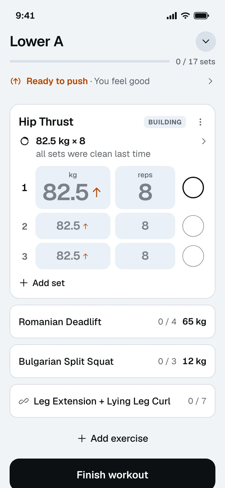 Workout screen for Lower A: Hip Thrust, 82.5 kg × 8 with an up arrow, a row for each set and a check to log it.